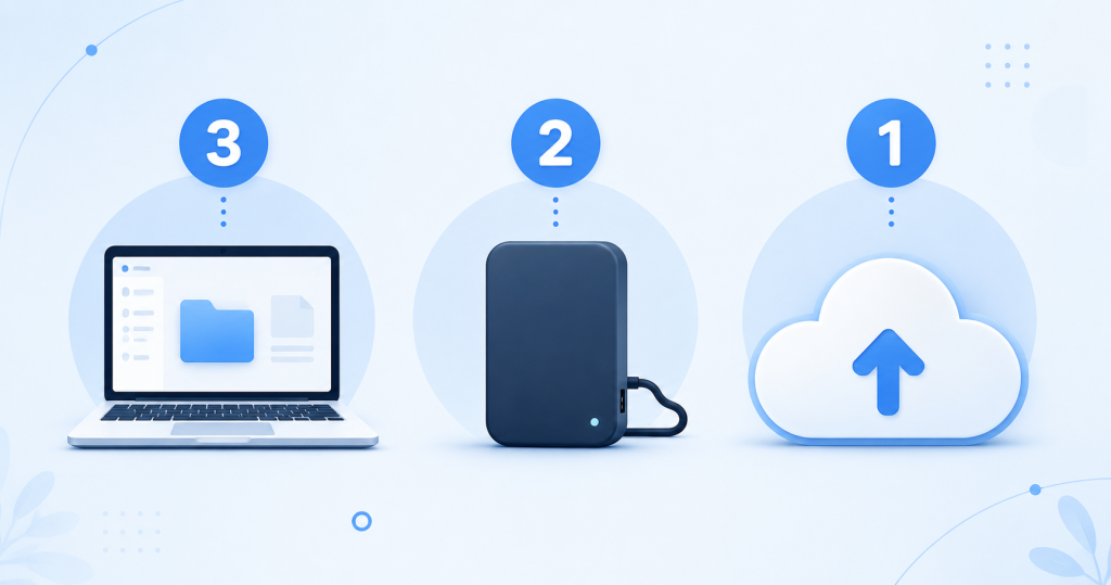 3-2-1 backup rule diagram: 3 copies, 2 types of storage, 1 offsite